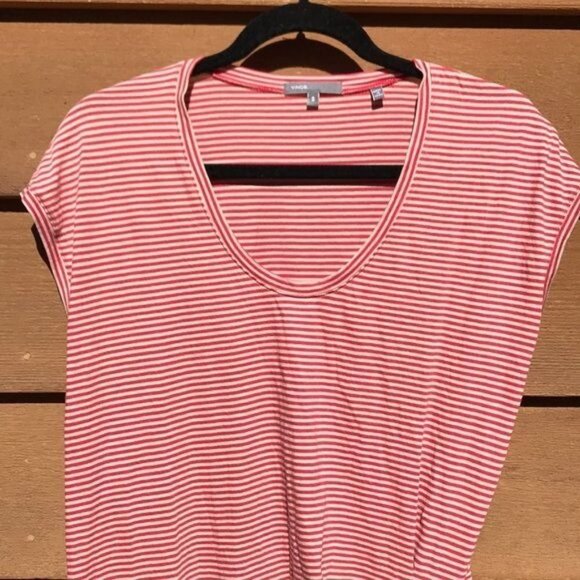 Vince Red & Tan Striped Top Front Pulled Detail Casual Shot Sleeve Shirt Size S - Picture 3 of 8